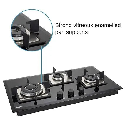 Glen 3 Burner Built in Glass Gas Hob Top with Italian Double Ring Burners, Auto Ignition, Black (1073 SQ HT IN TR)
