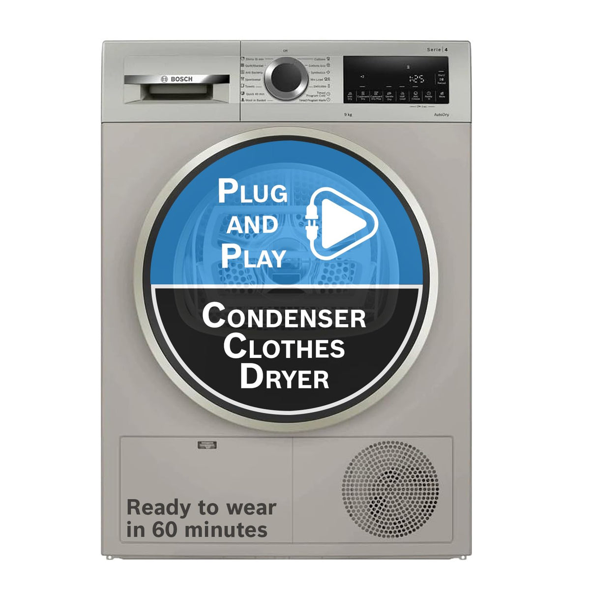 Bosch WQG24108IN Series 4 9 kg condenser dryer front view with plug and play callout