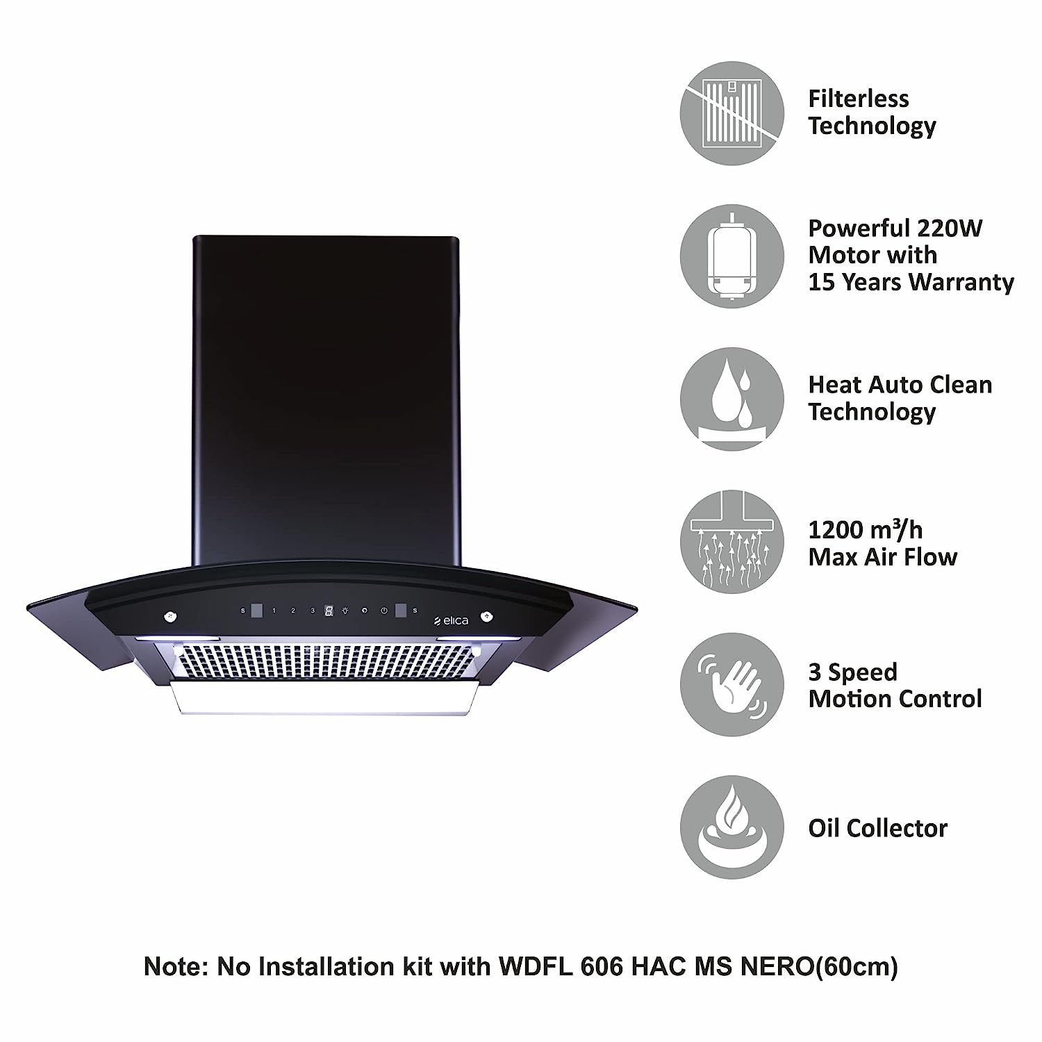 Elica 60 cm 1200 m3/hr Filterless Auto Clean Chimney (WDFL HAC TOUCH 606 MS)