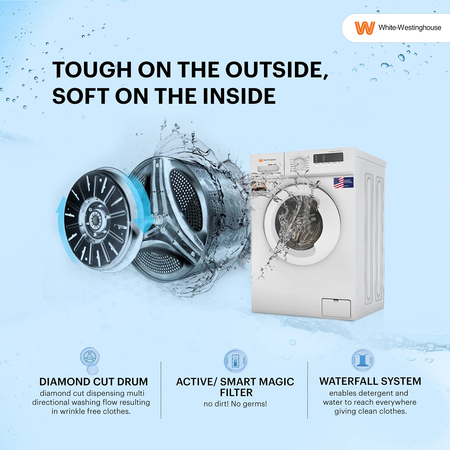White Westinghouse 10.5kg Ultra Smart dry Fully Automatic Front Load with In-Built Heater Washing Machine, Large (HDF1050/ WHITE/In Built Heater)