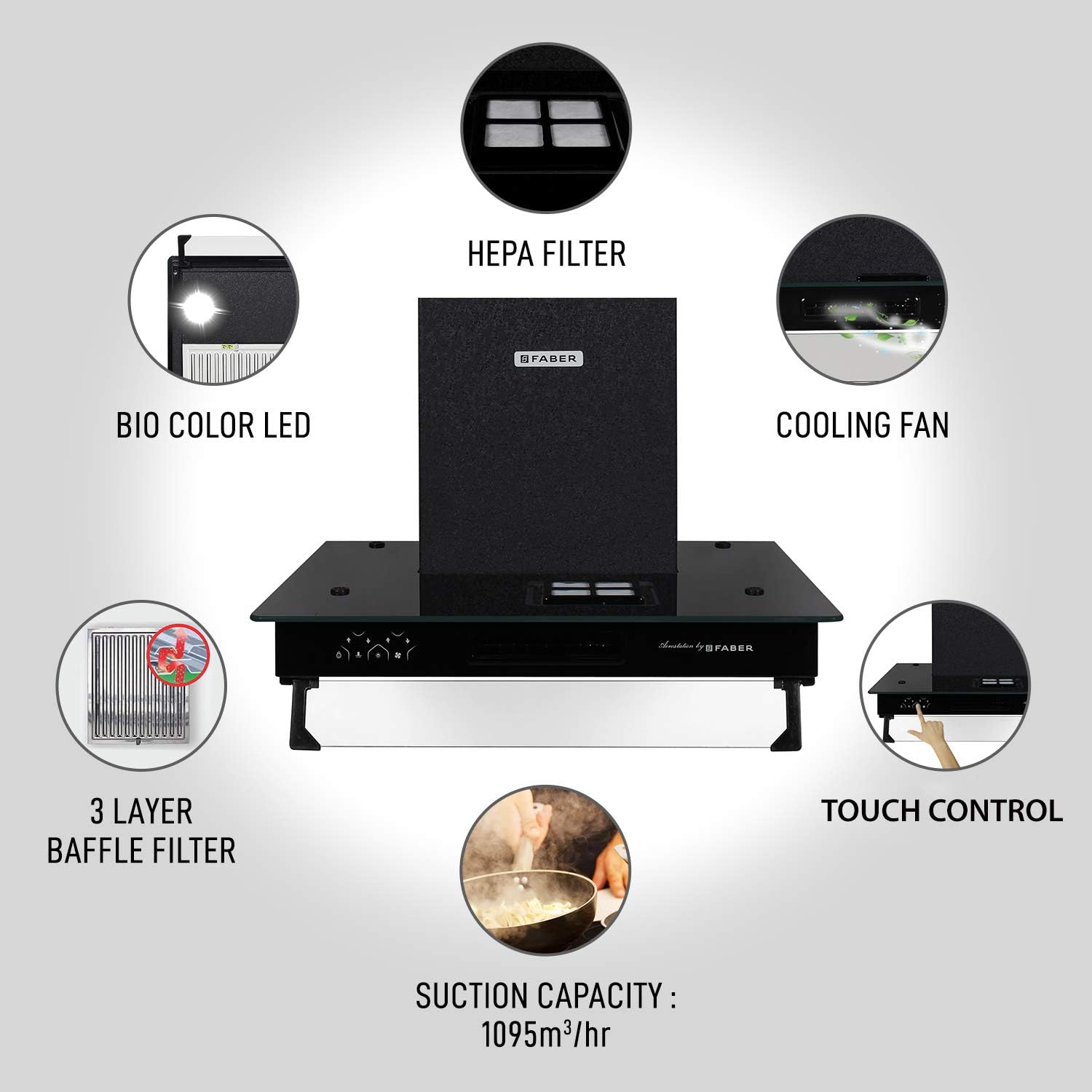 Faber 3in1 Chimney with Air purifier Fan, 60 cm, 1095 m/hr (HOOD 3N1 AEROST. STAR PRO 3D AB TC 60,BF, Alligator BK)