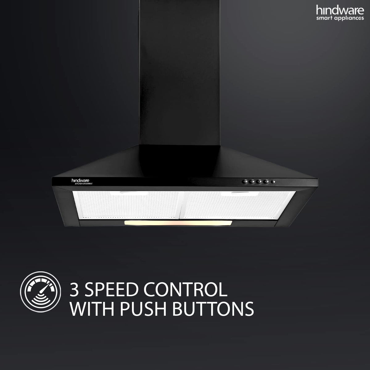 Hindware C100351 black chimney with 3 speed control with push buttons label