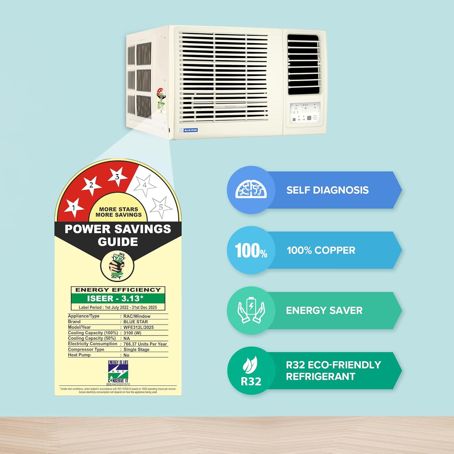 Blue Star 1T 3S Fixed Speed Window AC (Copper, Turbo Cool, Fan Modes-Auto/High/Medium/Low, Hydrophilic Blue Fins, Dust Filters, Self-Diagnosis, WFE312L)