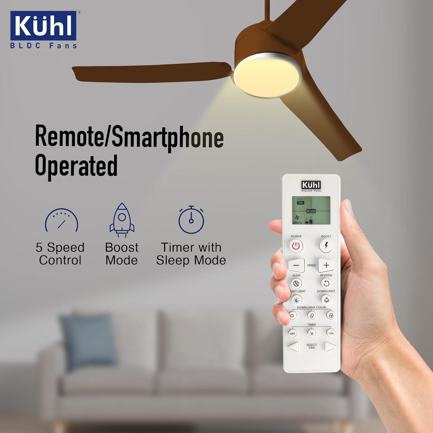 KUHL Ritzz R3 1320mm BLDC Ceiling Fan - 65% Power Saving, BEE 5 Star & ISI Marked, High Air Flow, IoT & Alexa Compatible - Brown