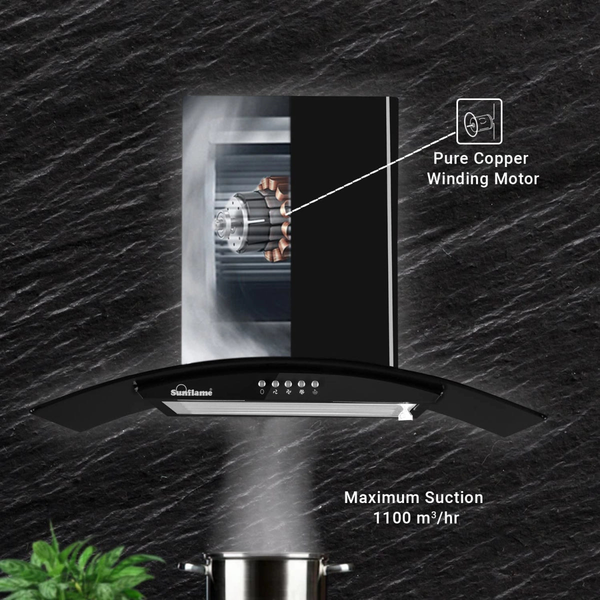Sunflame BELLA 60 BK, 60 cm 1100 m3/hr Chimney (Baffle Filter, Black Powder-Coated Finish)
