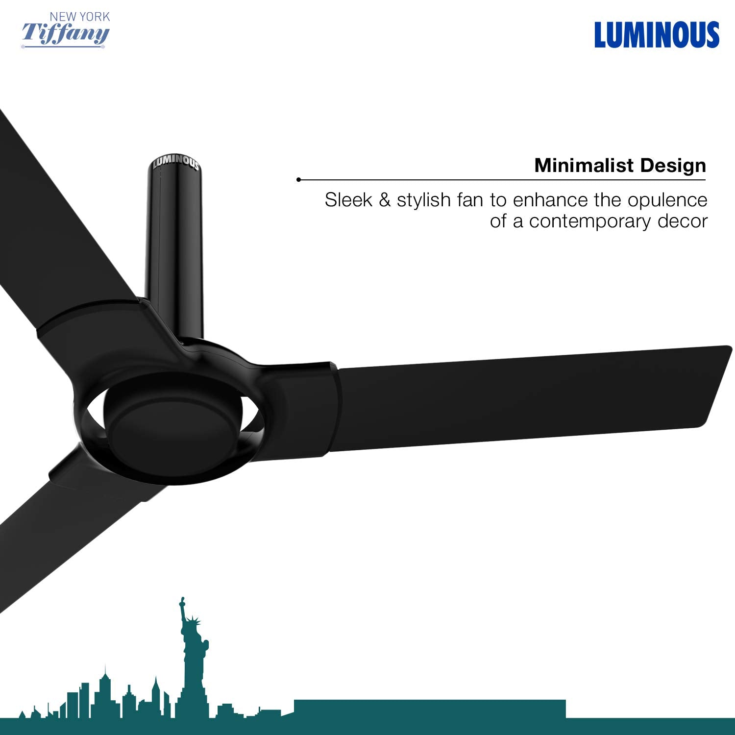 Luminous New York Tiffany 3 Blade Ceiling Fan with Remote Control and BLDC Motor, 1200mm - Midnight Black