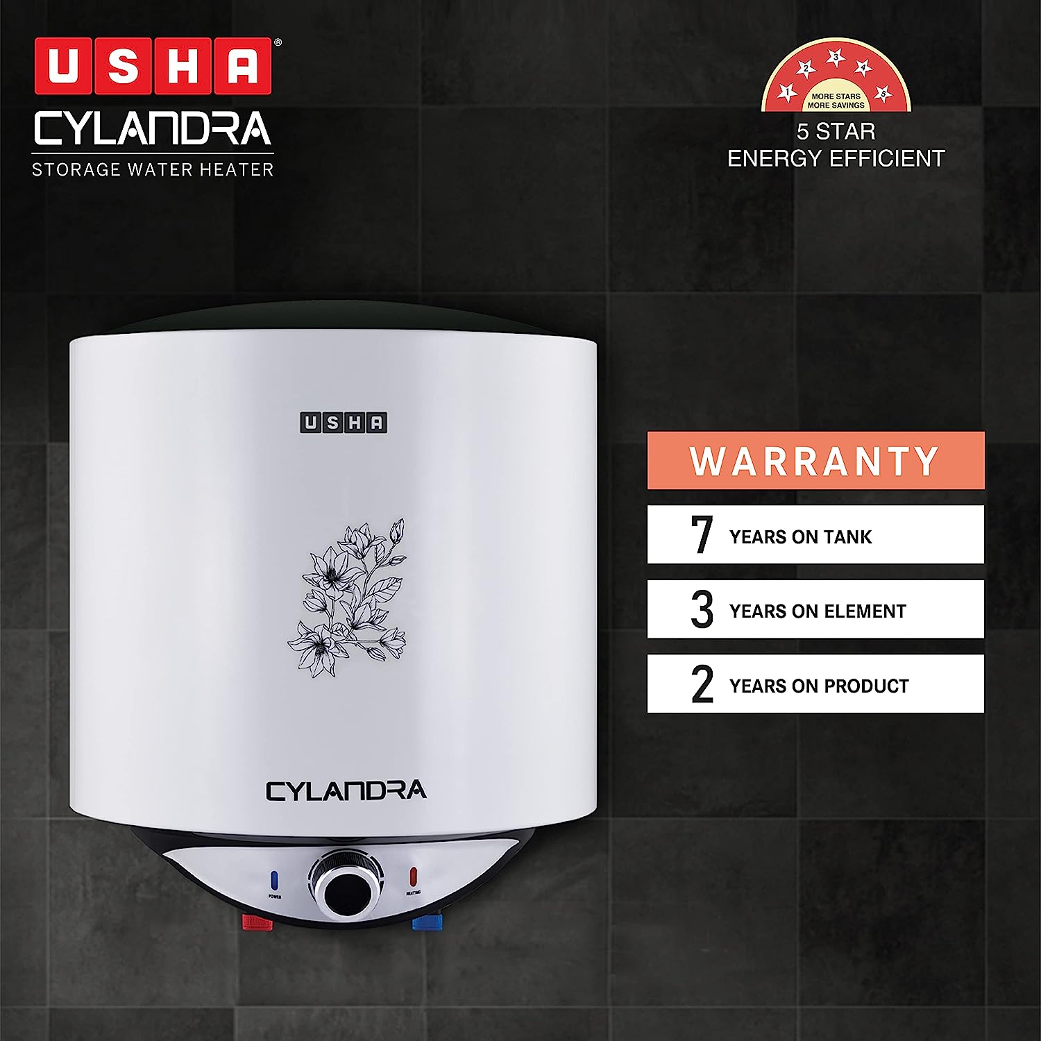 Usha Cylandra 15 Litre Storage Water Heater With Free Installation (White), Wall Mounting