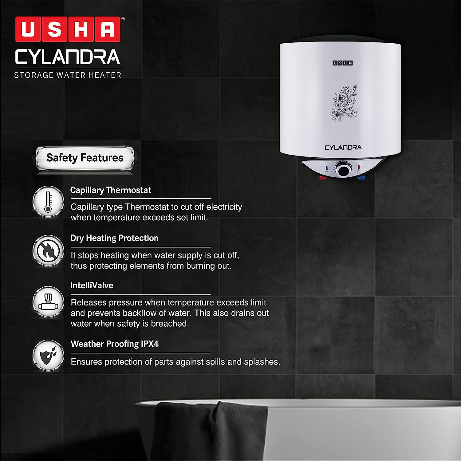 Usha Cylandra 15 Litre Storage Water Heater With Free Installation (White), Wall Mounting