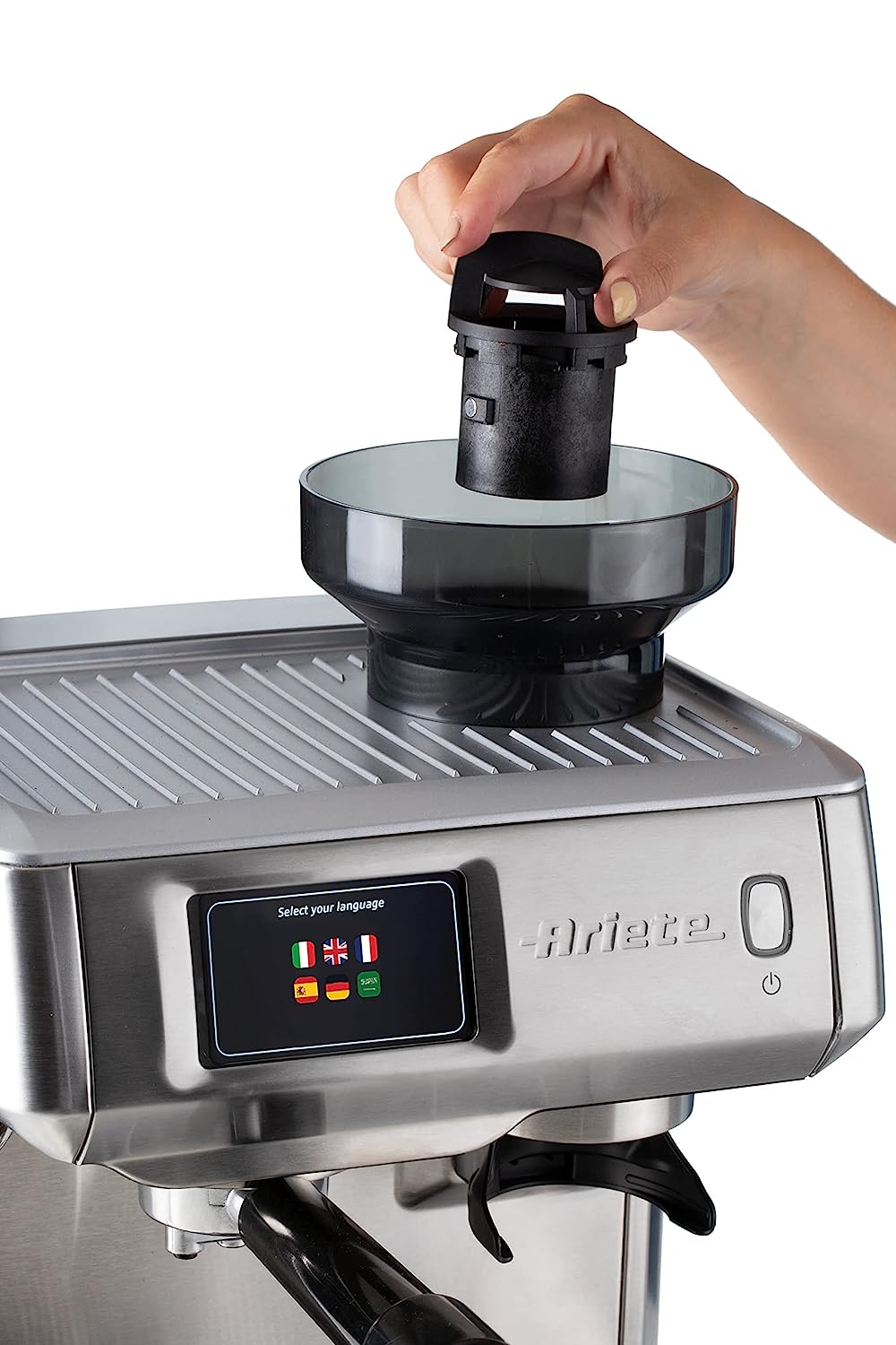 Ariete Metal Coffee Machine 1312, 1600 Watt, 15 Bar, 220 g Bean Capacity, Grinding Adjustment, Digital Display, ESE Pod Compatible, Maxi Cappuccino Device, Silver