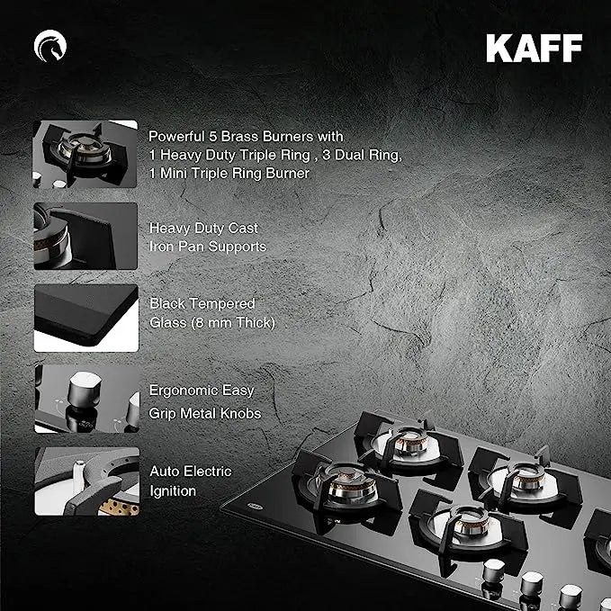 Kaff KH 86 BR 53 | Powerful Brass Burners | Auto Ignition | Cast Iron Grills | Metal Knobs | Built in Hob