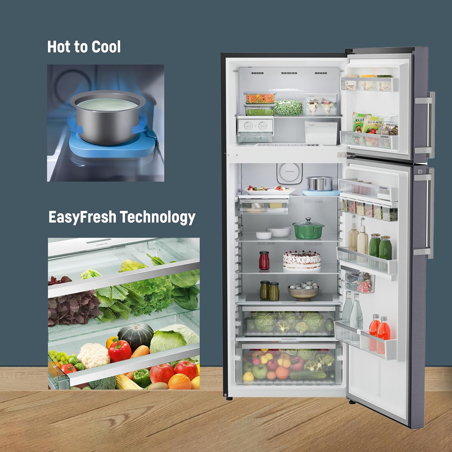 Liebherr 428L 2 Star Inverter Double Door Refrigerator with Hot to Cool Technology and Bar Handle, Frost Free, Easy Fresh, 20 Yr Compressor Warranty, 93 L Freezer, Vegetable Organiser, Cobalt Steel