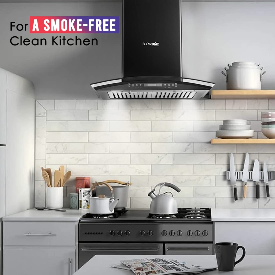 BLOWHOT Chimney for Kitchen 60Cm 1100 m3/hr Auto Clean Curved Glass Gesture Controlled Motion Sensor Bafﬂe Filter With Recycling Mode Led Lights(LIfetime7 Years)Warranty On Motor Free Installation Kit