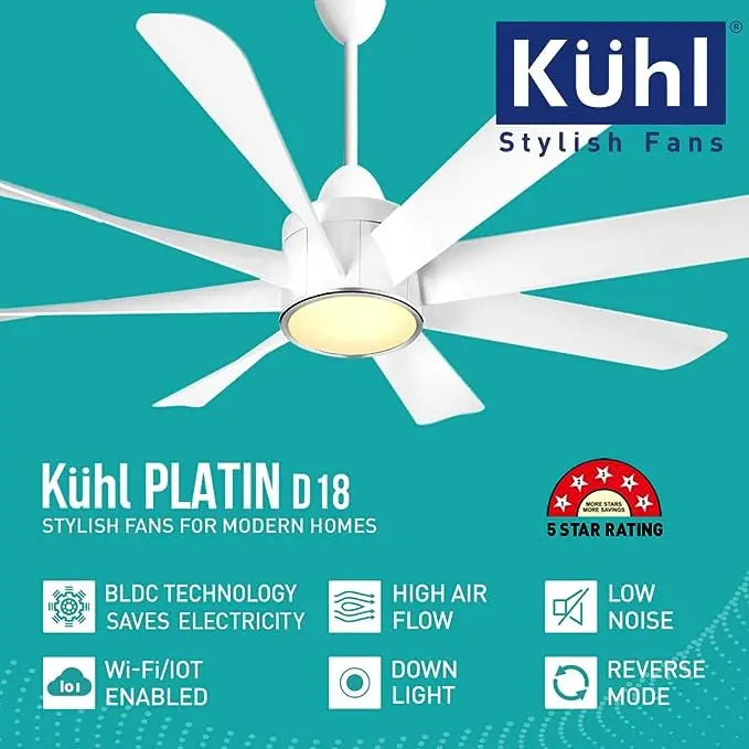KUHL Platin D18 Stylish BLDC Fan | Low Power 30W | High Air Flow | 8 Aerodynamic ABS Blades | Low Noise | Down Light | 1200 mm sweep | Operate on Remote-Mobile-Alexa | Reverse Mode |5 Star Rated| Whit
