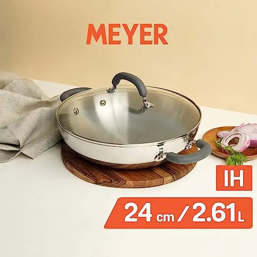 Meyer Trivantage Stainless Steel Covered Kadai with Induction Base 31135 24cm Silver