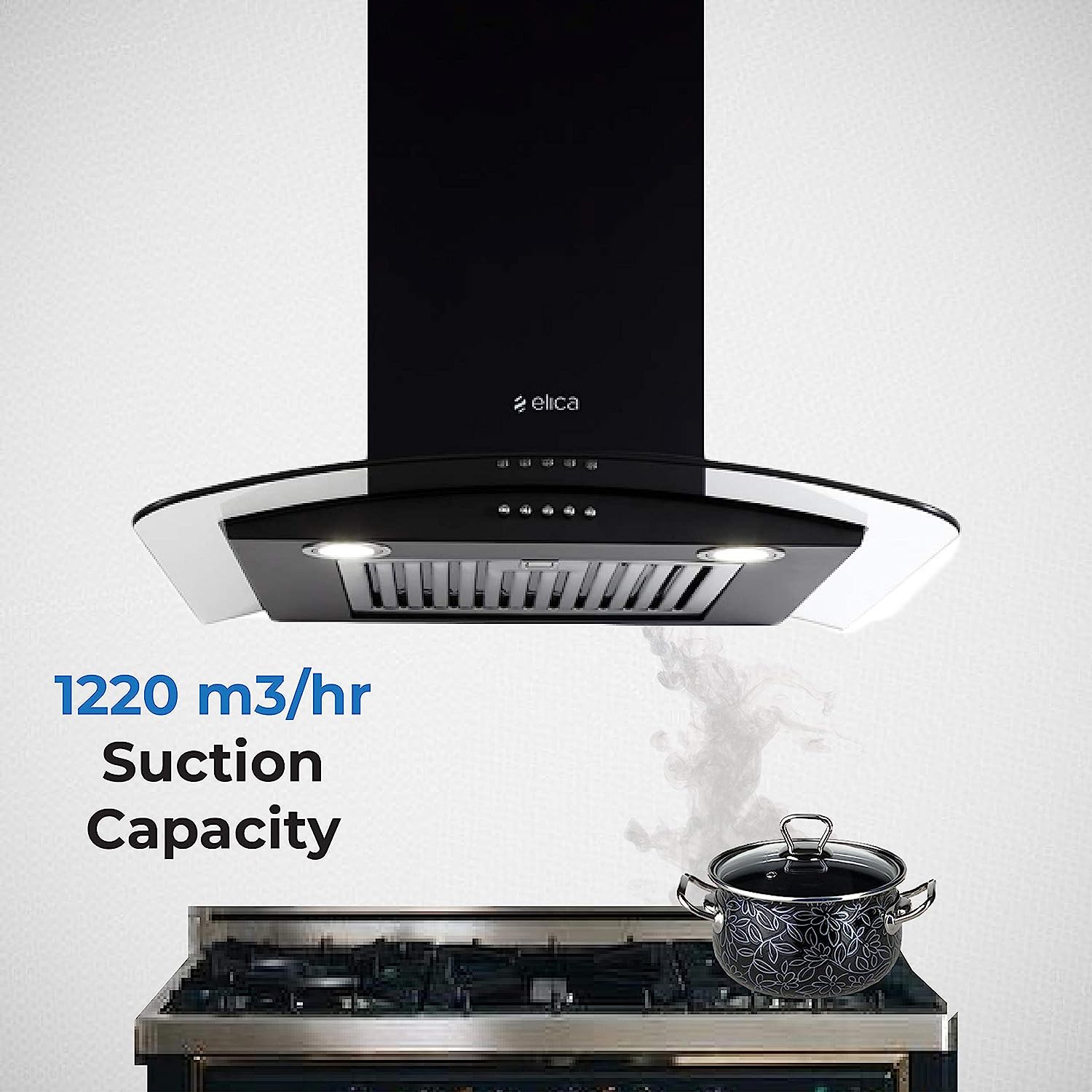 Elica 60 cm 1220 m3/hr Chimney (GLACE SF ETB PLUS LTW 60 PB LED, Black) with Installation Kit