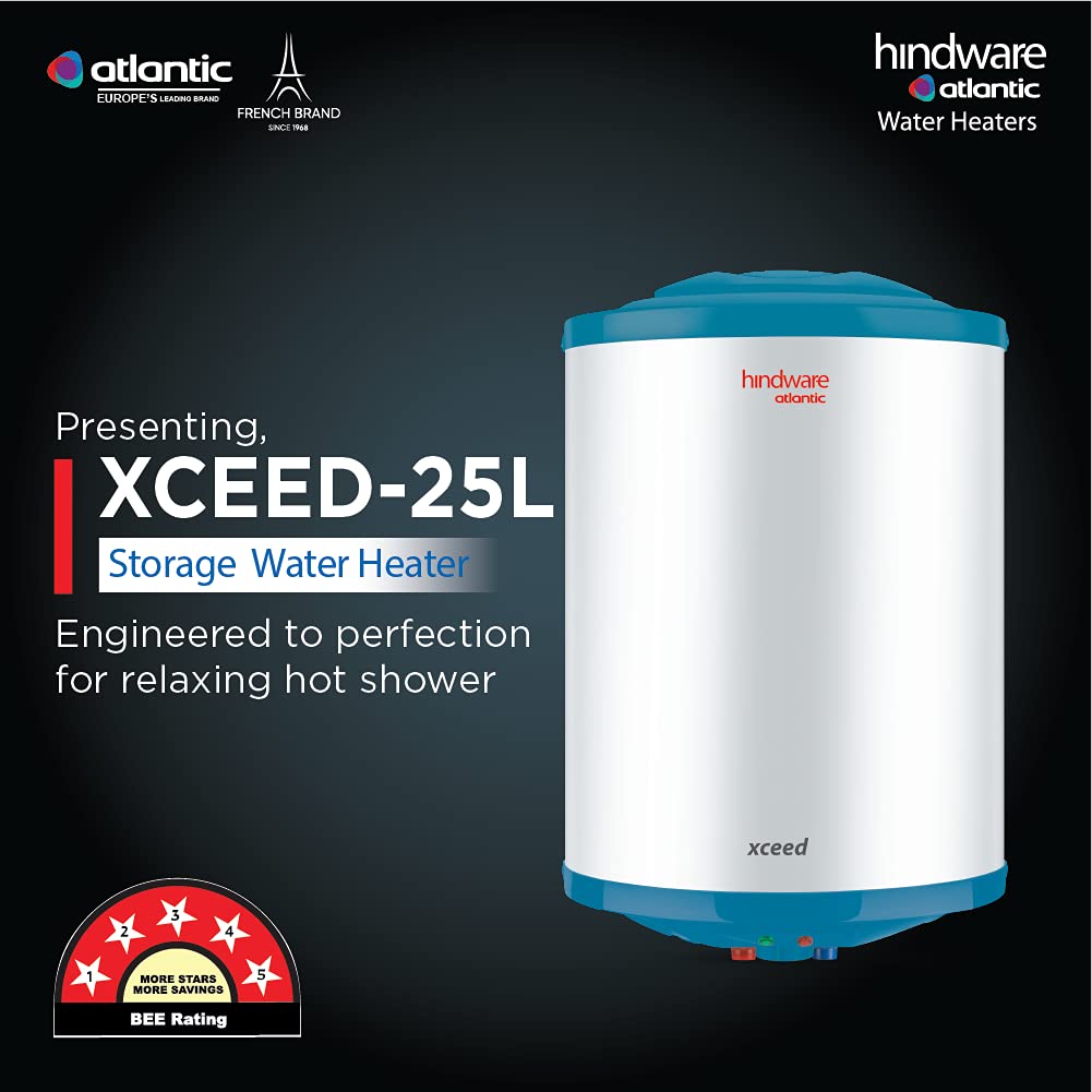 Hindware Atlantic Xceed 25L 5-Star Rated Electric Water Heater With Corrosion Resistant & Highly Durable Glass Lined Tank (White), Wall Mounting