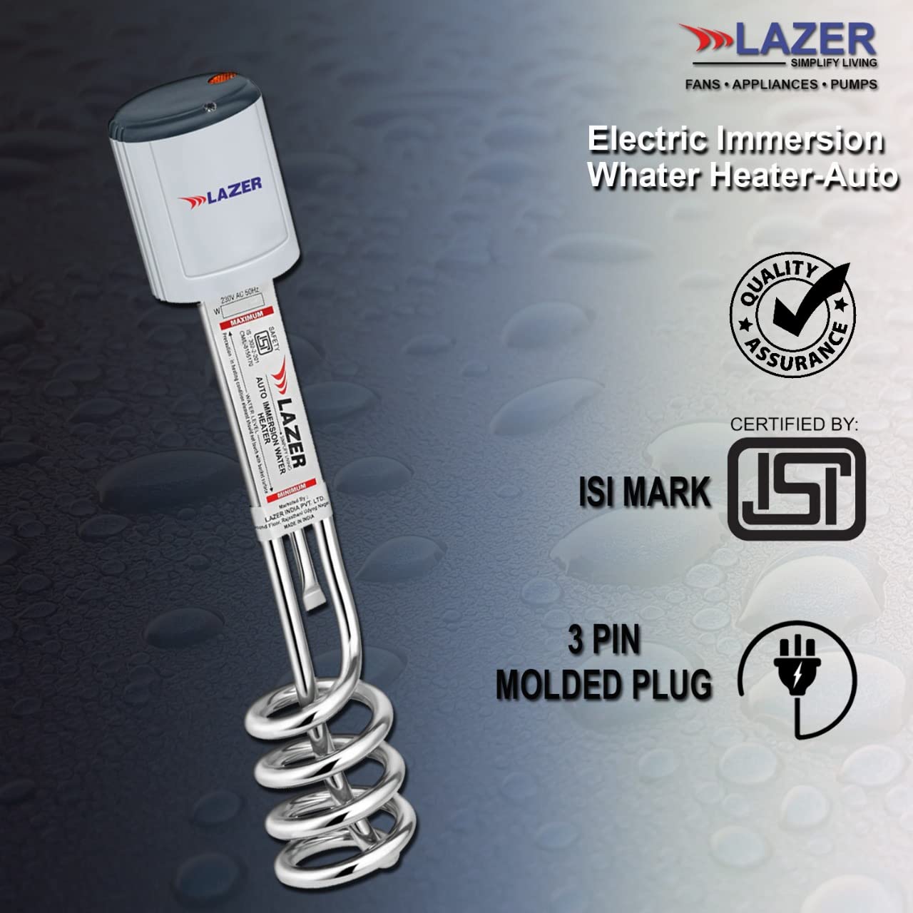 Lazer Aqua Therm 1000 Watt Copper Tube Auto Temperature Control Immersion Rod Water Heater ISI certified (Grey)