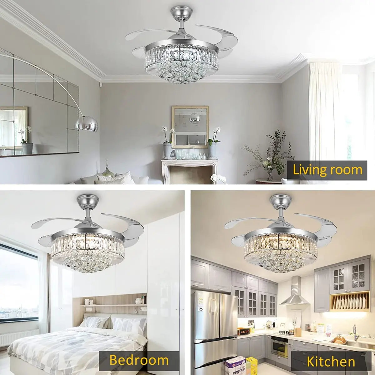 oltao Picola Silver Chandelier Fan with BLDC Motor, LED Light, Noiseless Retractable Blade, Summer/Winter mode And Remote