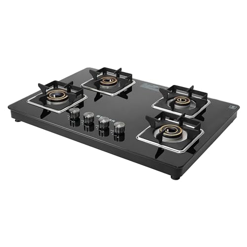 Faber 4 Burner Auto-Ignition Cooktop|NiOS AUTO 4BB BK|Battery Operated|Metal Knobs|Brass Burners|Cast Iron Pan Support|Black Glass Finish|7 Yrs Warranty Glass;5 Yrs Burner & Valve;2 Yrs Compr