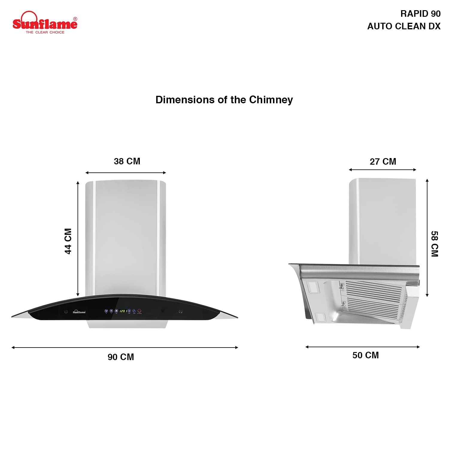 SUNFLAME 90cm 1100 m3/hr Auto Clean Chimney (CH Rapid 90 DX, 2 Baffle, Touch Control, Steel/Grey)