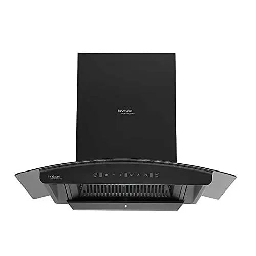 Hindware Zinnia 75BKTC chimney front view showing touch control panel on curved glass