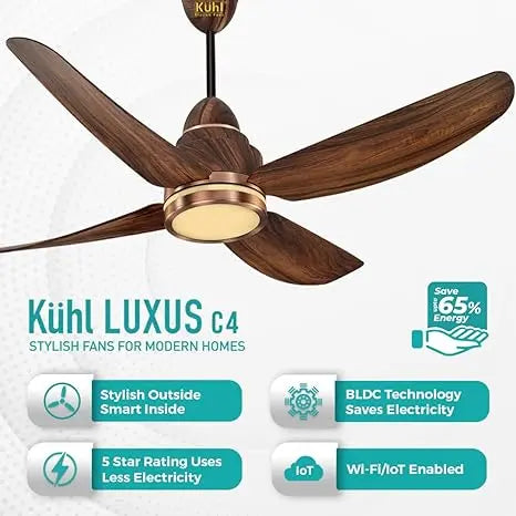 KUHL Stylish Fan Luxus C4 Teakwood| 5 Star Rated| BLDC Technology| Low Power 38W| High Air Flow|Low Noise| 4 Aerodynamic ABS Blades| Night & Down Light|Operate on Remote - Mobile - Alexa|Reverse Mode