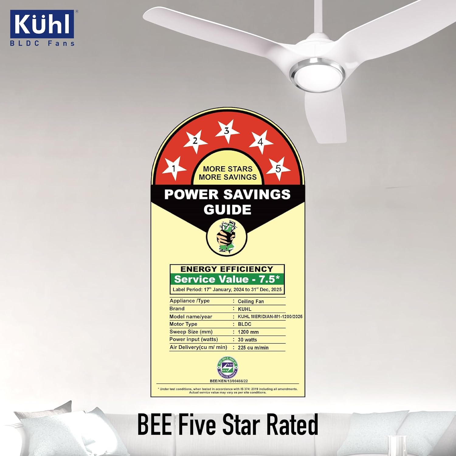 KUHL Meridian M1 1200MM BLDC Ceiling Fan: 65% Power Saving, Remote Control, BEE 5 Star & ISI Marked, High Air Flow, Down Light & Reverse Mode