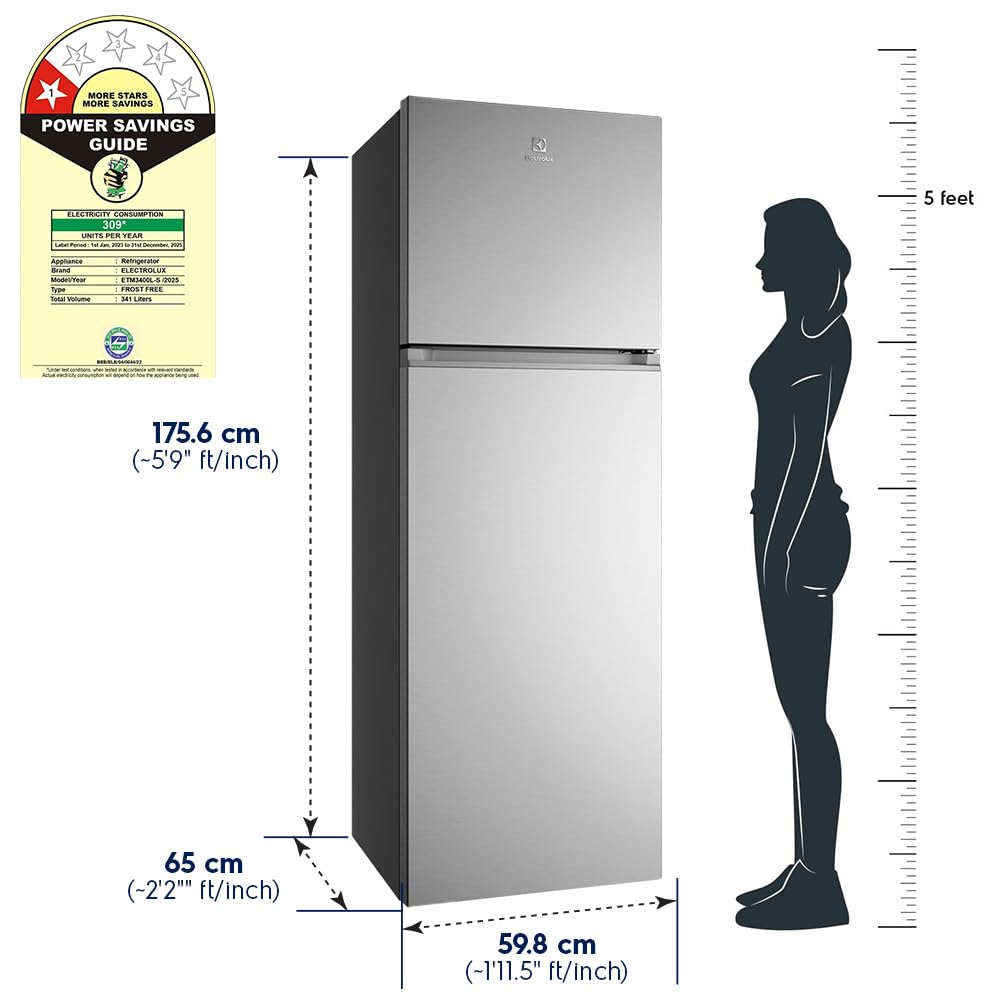 Electrolux 341L FF Double Door Fridge ETM3400L-S - Frost Free, Sleek Design