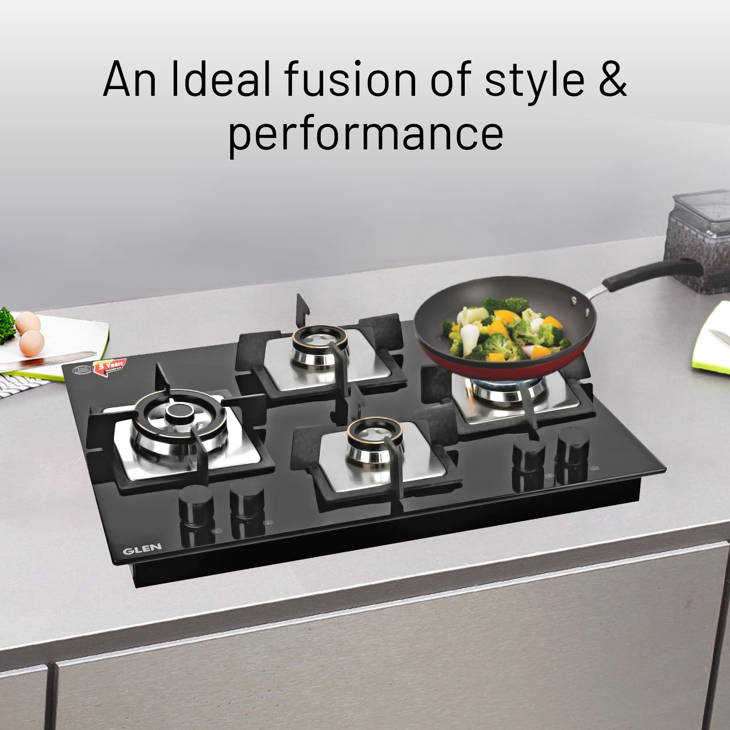 Glen 4 Burner Glass Hob Top Triple Ring Burner Double Ring Forged Brass Burner Auto Ignition (1065 X Sq Ht Db Tr), Black