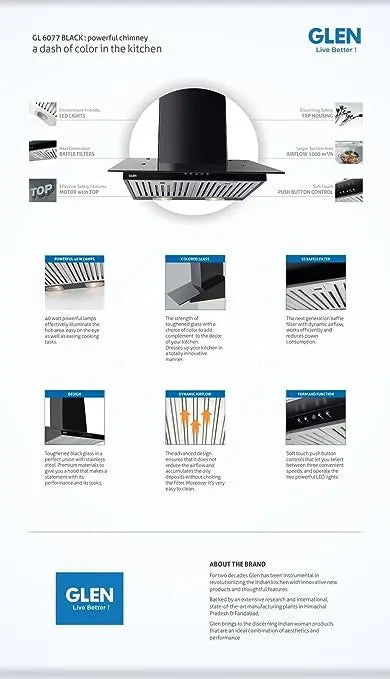 GLEN Kitchen Chimney GL 6077 SS 60cm, 1000m3/h + Built in Hob GL 1073 SQ in Indian Burners - Combo Offer