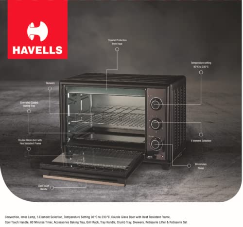 Havells Otg 48Rc Bl|Toughened Double Glass Door|60 Min Timer|Rotisserie|Convection|Inner Lamp|6 Heating Modes|4 Skewer Rods|Enamelled Coated Baking Tray|1800W&2Yr Warranty,48 Liter,1800 Watt,