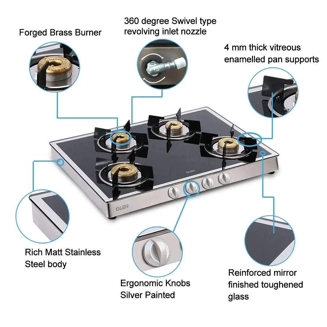 Glen GL 1048 GT Auto Ignition Forged BB Mirror Designer Glass Cooktop