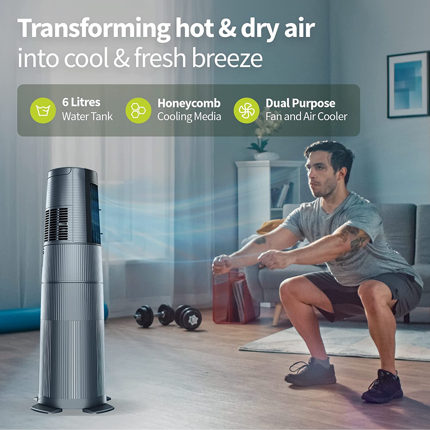 Symphony Duet i-S Personal Tower Cooling Fan For Home and Office with Honeycomb Pad, Powerful Blower, Auto Rotation and Low Power Consumption (6L, Grey)