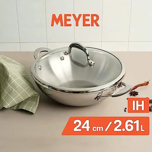 Meyer Select Stainless Steel Kadhai with Glass Lid Gas and Induction Compatible 70651 24cm Silver