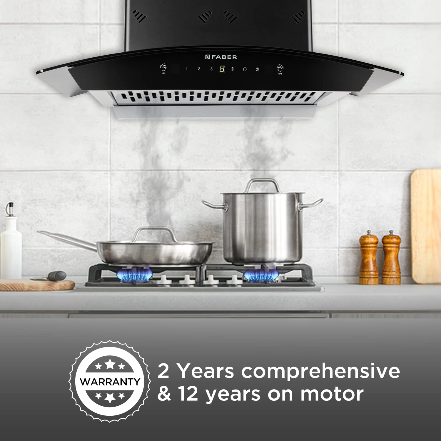 Faber60cm 6 way Silent Suction,1250m3/hr, Autoclean Chimney, 12Yr Warranty on Motor (HOOD EVEREST 3D IN HC SC FL LG 60||Filterless||Touch&Gesture Control||Light Grey)