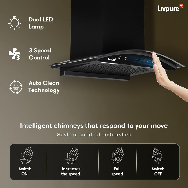 Livpure Astor 60 1250 m3/hr Curved Glass || Filterless Auto-Clean Kitchen Chimney || 10 Year Warranty On Motor (2 Year Comprehensive), (Touch And Gesture Control, Black)
