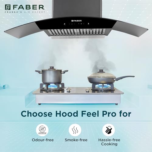 Faber 90 cm 1320 m³/hr Curved Glass Kitchen Chimney | 3 Layer Baffle Filter | Gravity Suction| Touch&Gesture Control | Oil Collector | 12 years warranty on Motor| Hood Feel Pro TC SC BF BK 90