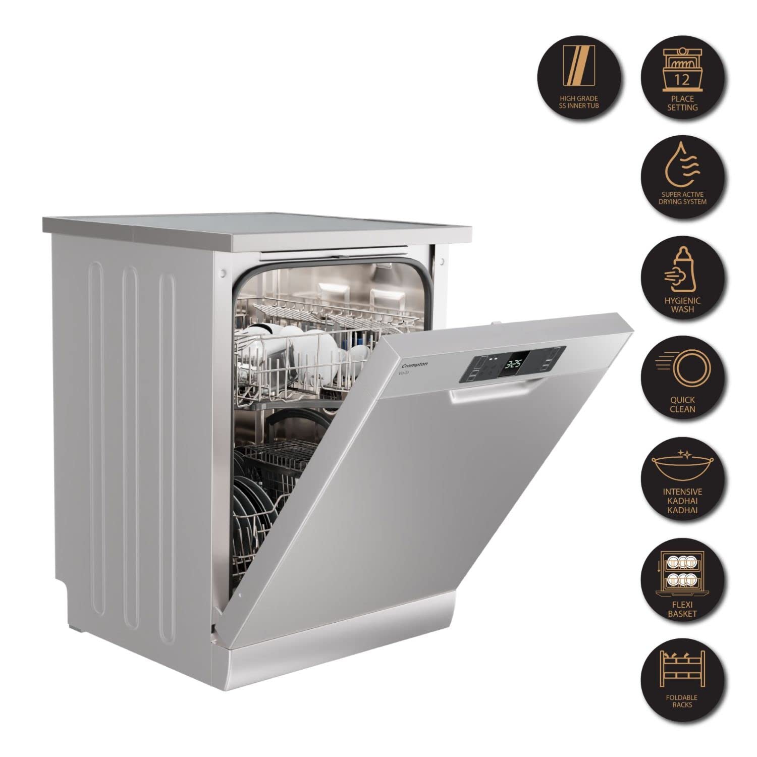 Crompton 12 Place Setting Freestanding Dishwasher with 6 Wash Programs and Super Active Drying System | Energy Saving Dishwasher with Stainless Steel Tub (Voilla 12 PS DW, Silver Inox,FS-DWVO
