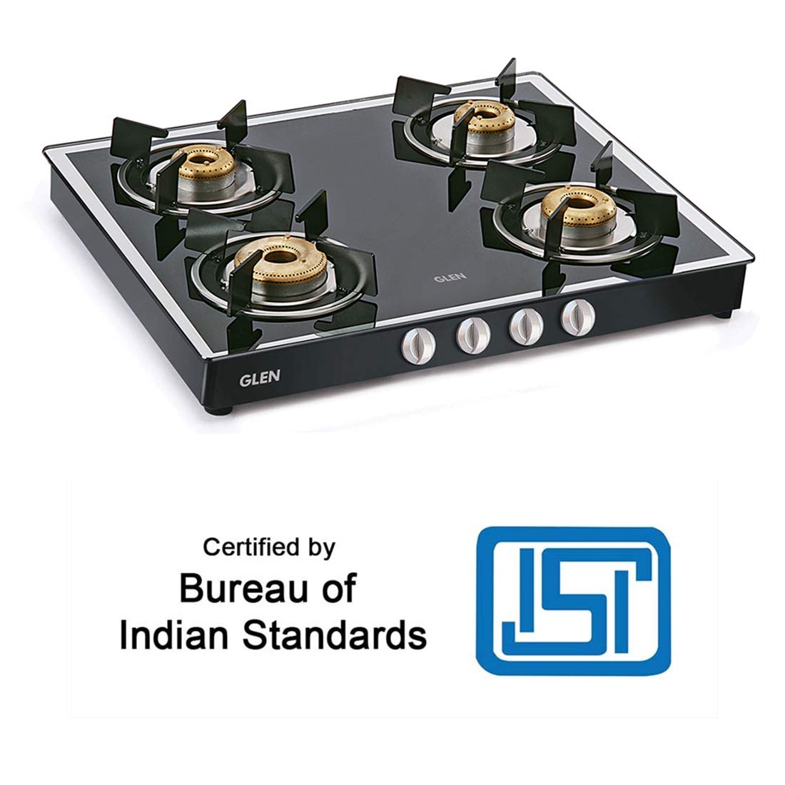 Glen 4 Burner LPG Gas Stove Mirror Finish Glass with High Flame Forged Brass Burners, Black (1042 GT FB MBL)