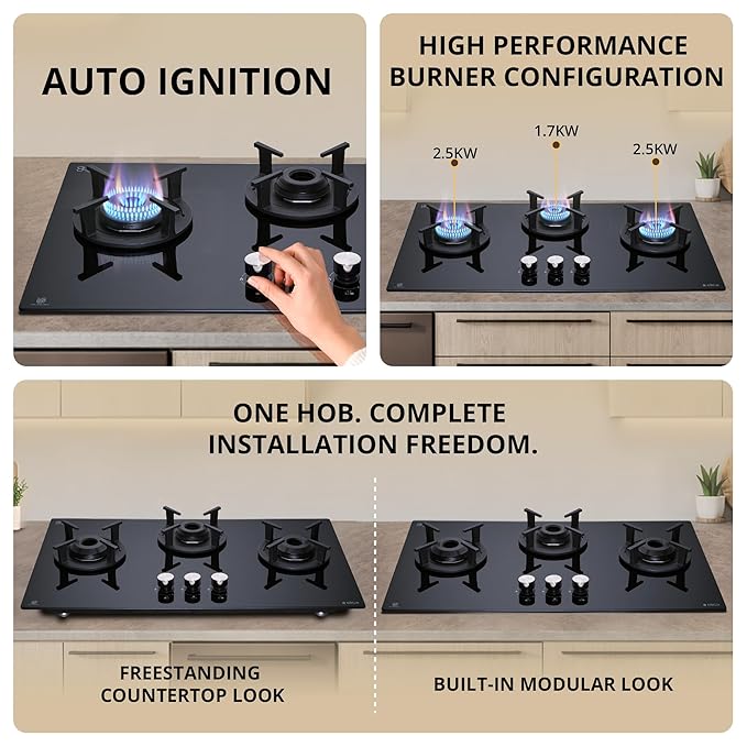 Elica RG FLEXI 360 LOTUS IND HD BRASS 60cm 3 Burner Auto Ignition Gas Hob | Black Toughened Glass