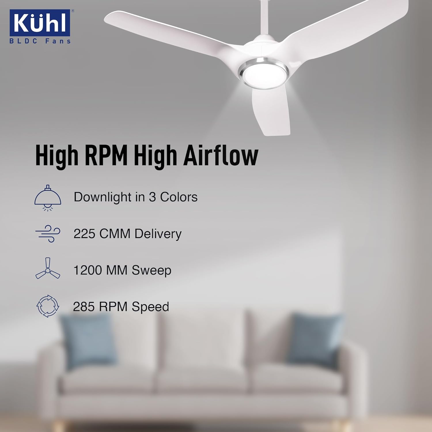 KUHL Meridian M1 1200MM BLDC Ceiling Fan: 65% Power Saving, Remote Control, BEE 5 Star & ISI Marked, High Air Flow, Down Light & Reverse Mode