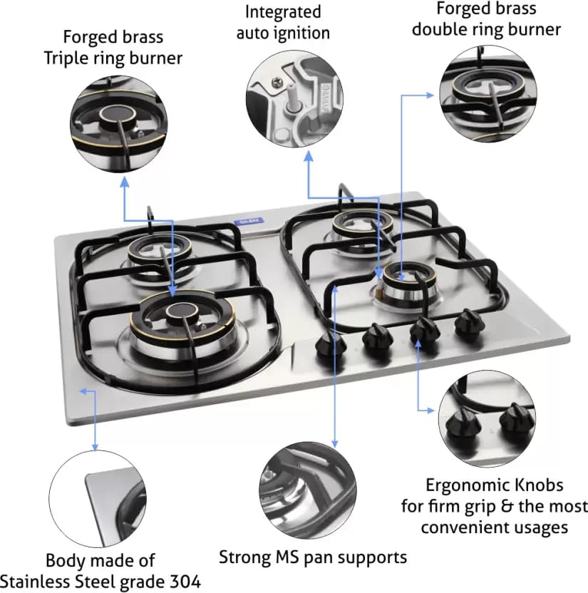 Glen 4 Burner Built-in Auto Ignition Stainless Steel Gas Hob Top with Triple Ring & Double Ring Forged Brass Burner, 2 years warranty by Glen (1061 DBTRSS)