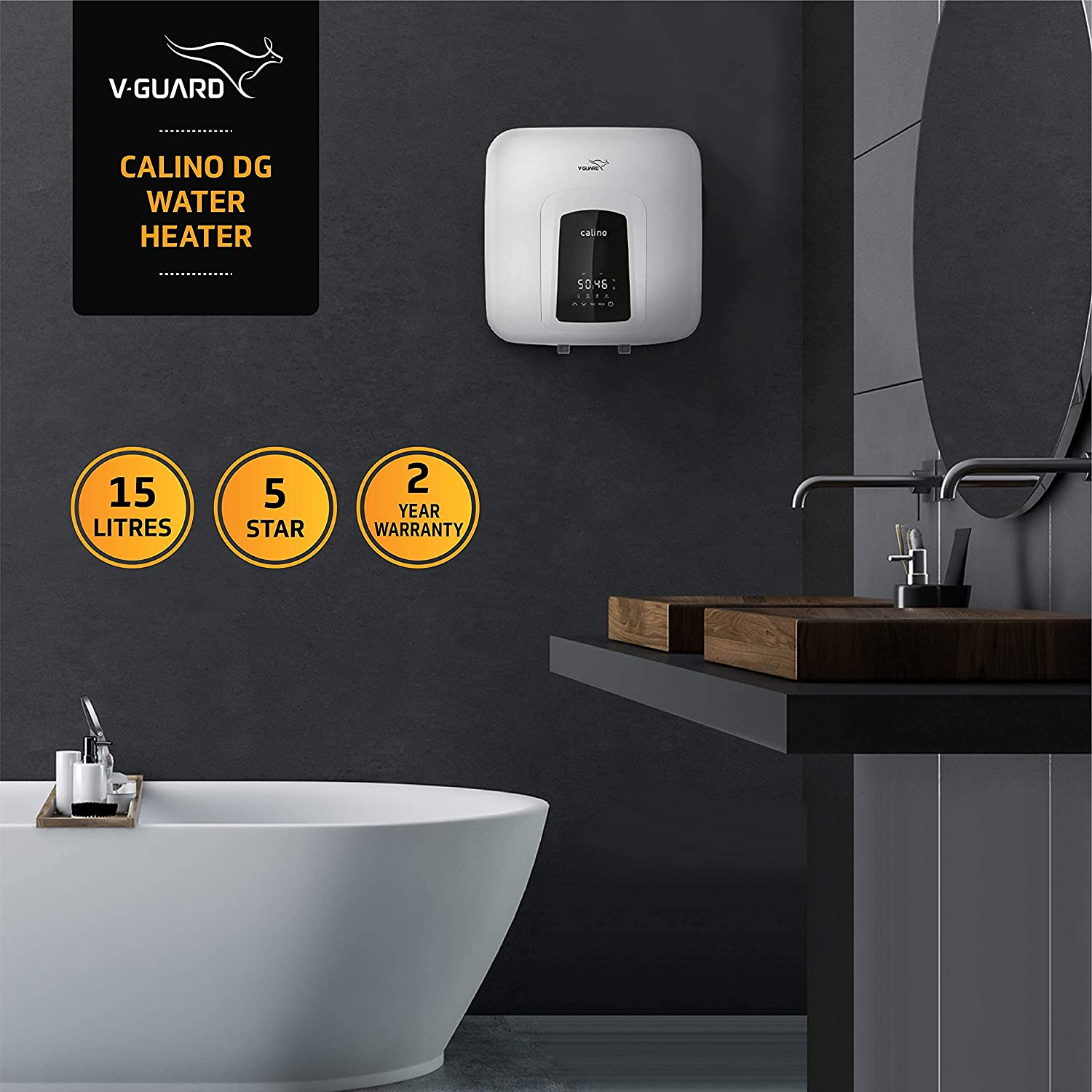 V-Guard Calino DG 15 Storage 5 Star Water Heater with Remote Control & Digital Display; Free PAN India Installation and Free Inlet Outlet Connection Pipes; White (15 Litre)
