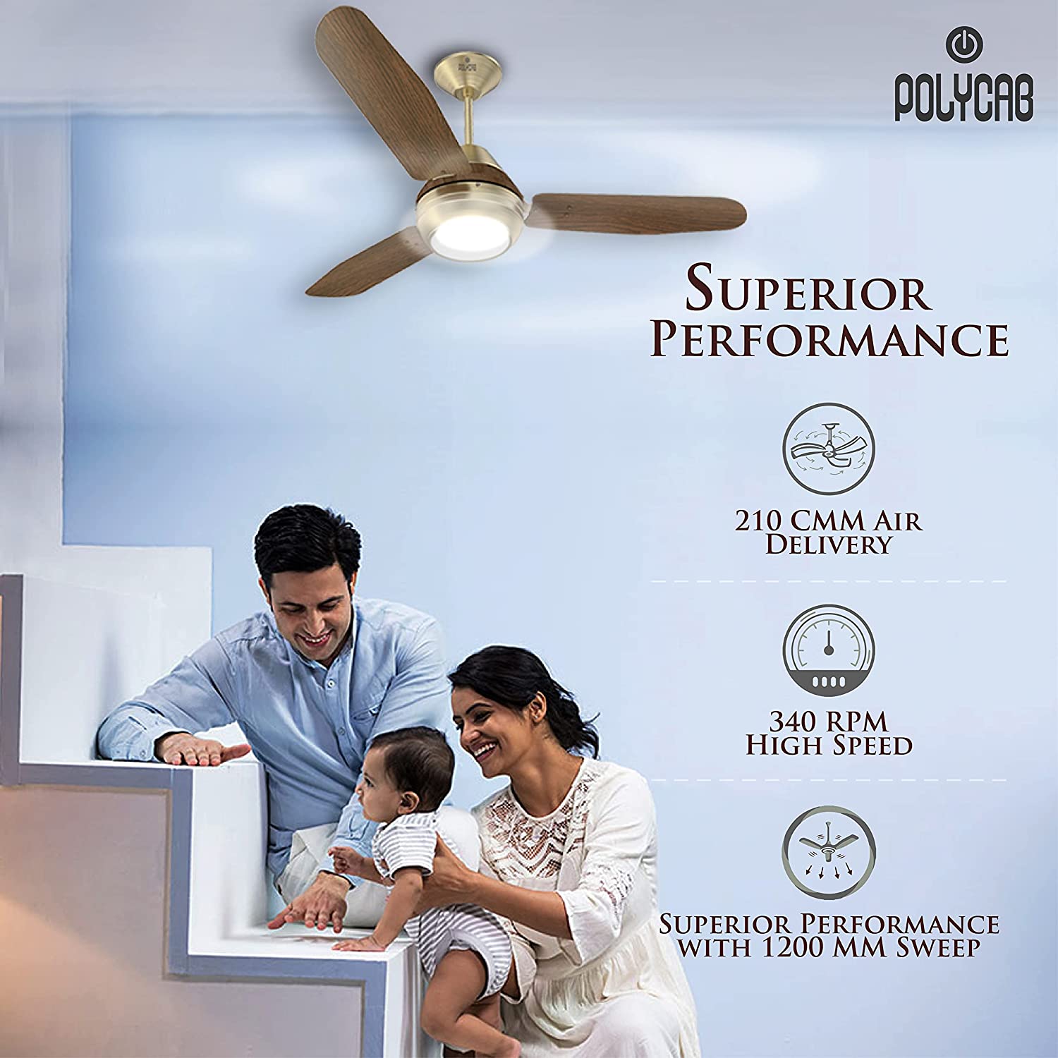 Polycab Superia SP01 Super Premium 1200 mm Underlight Designer Ceiling Fan With Remote, Built-in 6 Colour LED Light and 2 years warranty (Antique Brass Darkwood)