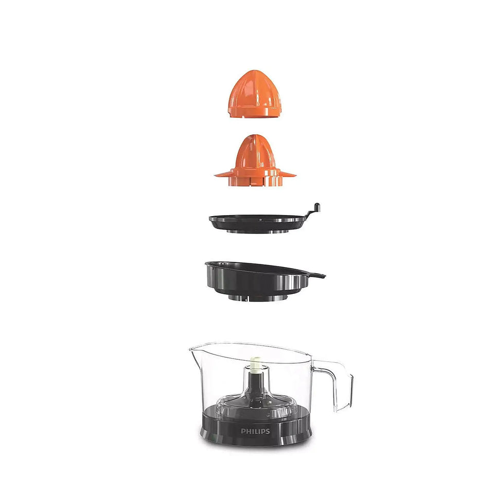 Philips HR2788/00 citrus press juicer parts separated: cone cover, cone, lid, sieve and jar with base