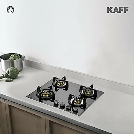 Kaff BLH 604 black glass gas hob built into a light kitchen countertop