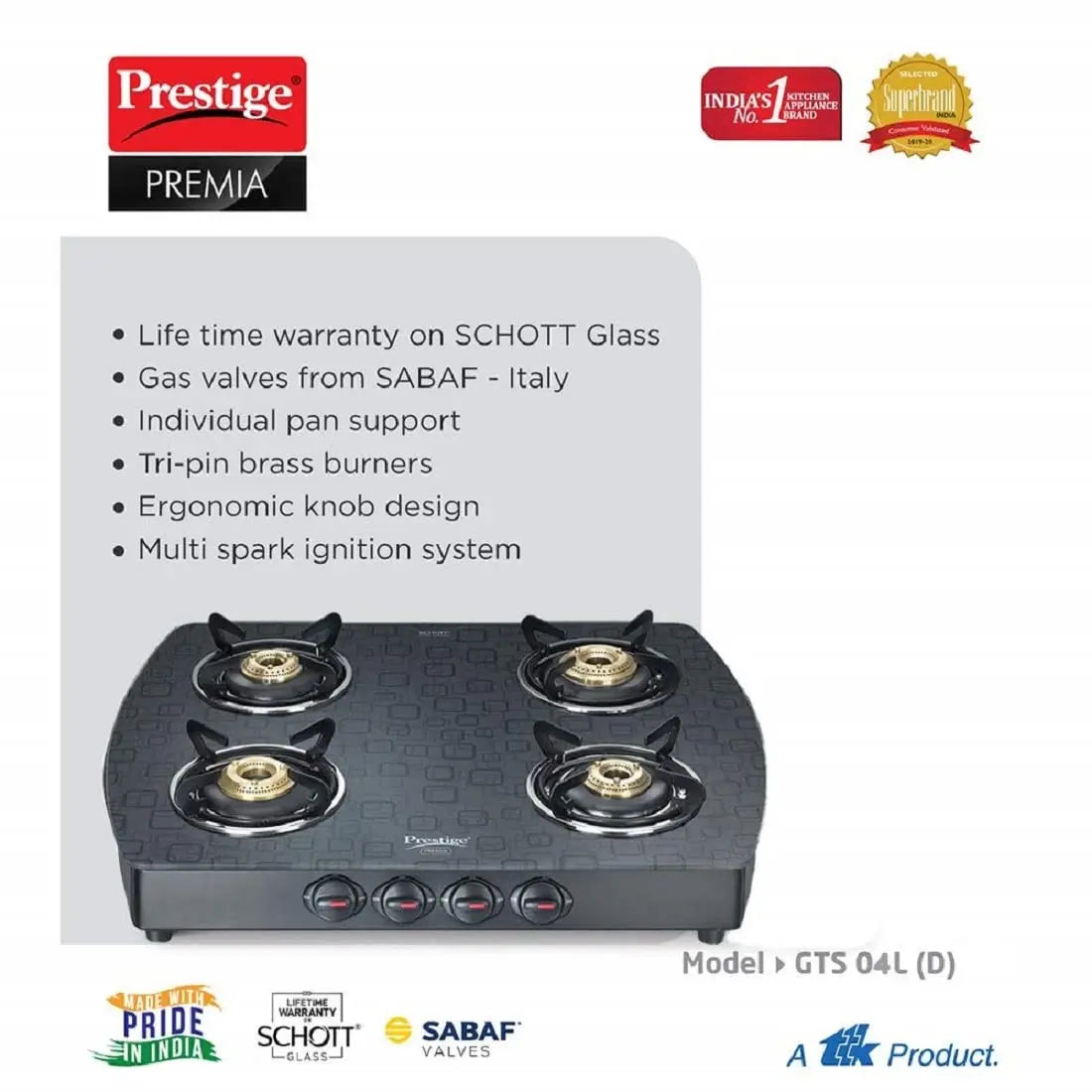 Prestige Premia GTS 04 (D) Glass Top Gas Stoves 40271