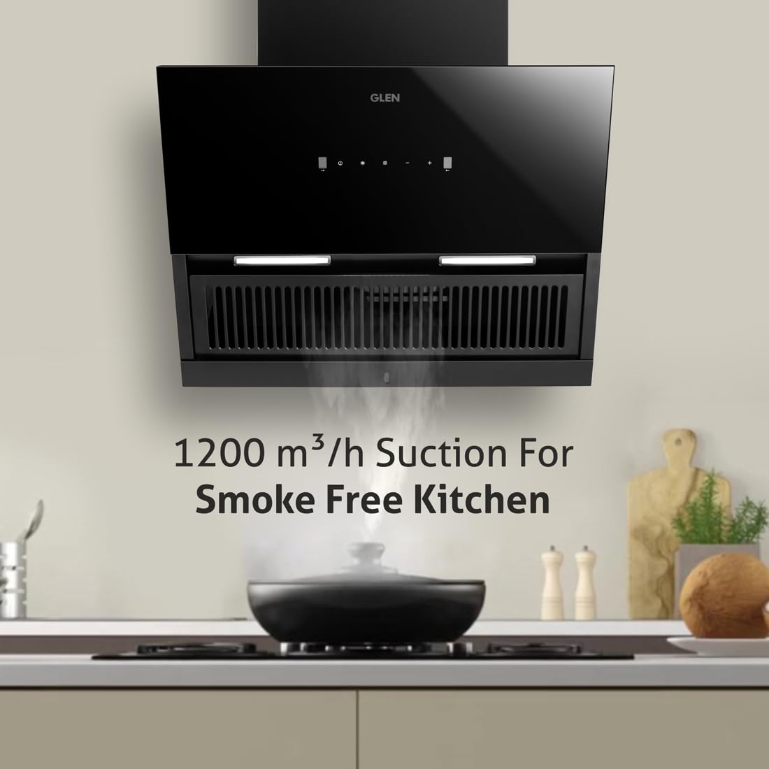 GLEN 90 cm 1200 m3/hr Auto-Clean Filterless Angular Glass Kitchen Chimney (Hood Neo Ex,Touch+Motion Sensor Controls,Black)