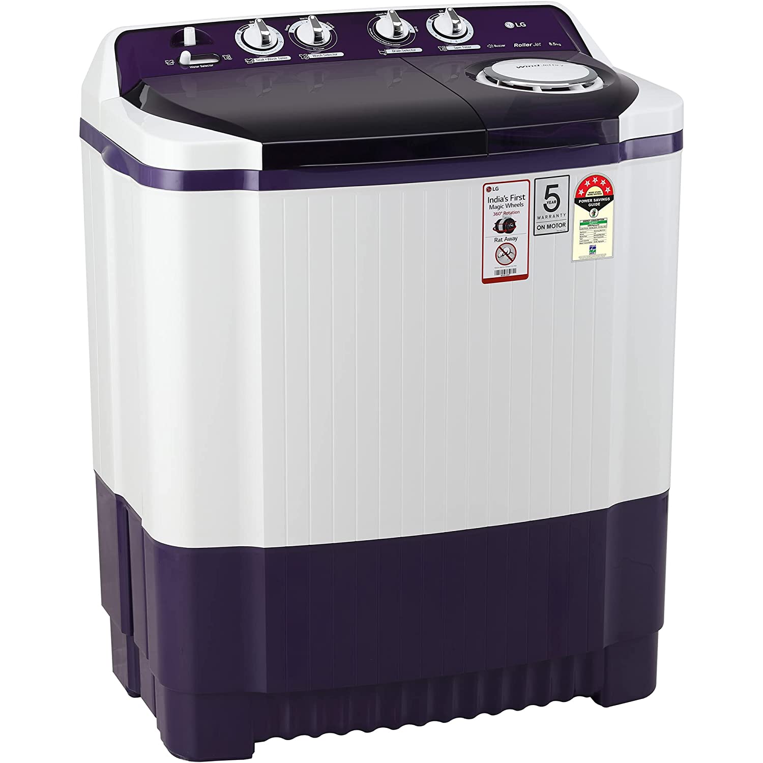 LG 8.5 Kg 5 Star Semi-Automatic Top Loading Washing Machine (P8535SPMZ, Purple, Roller Jet Pulsator), Large