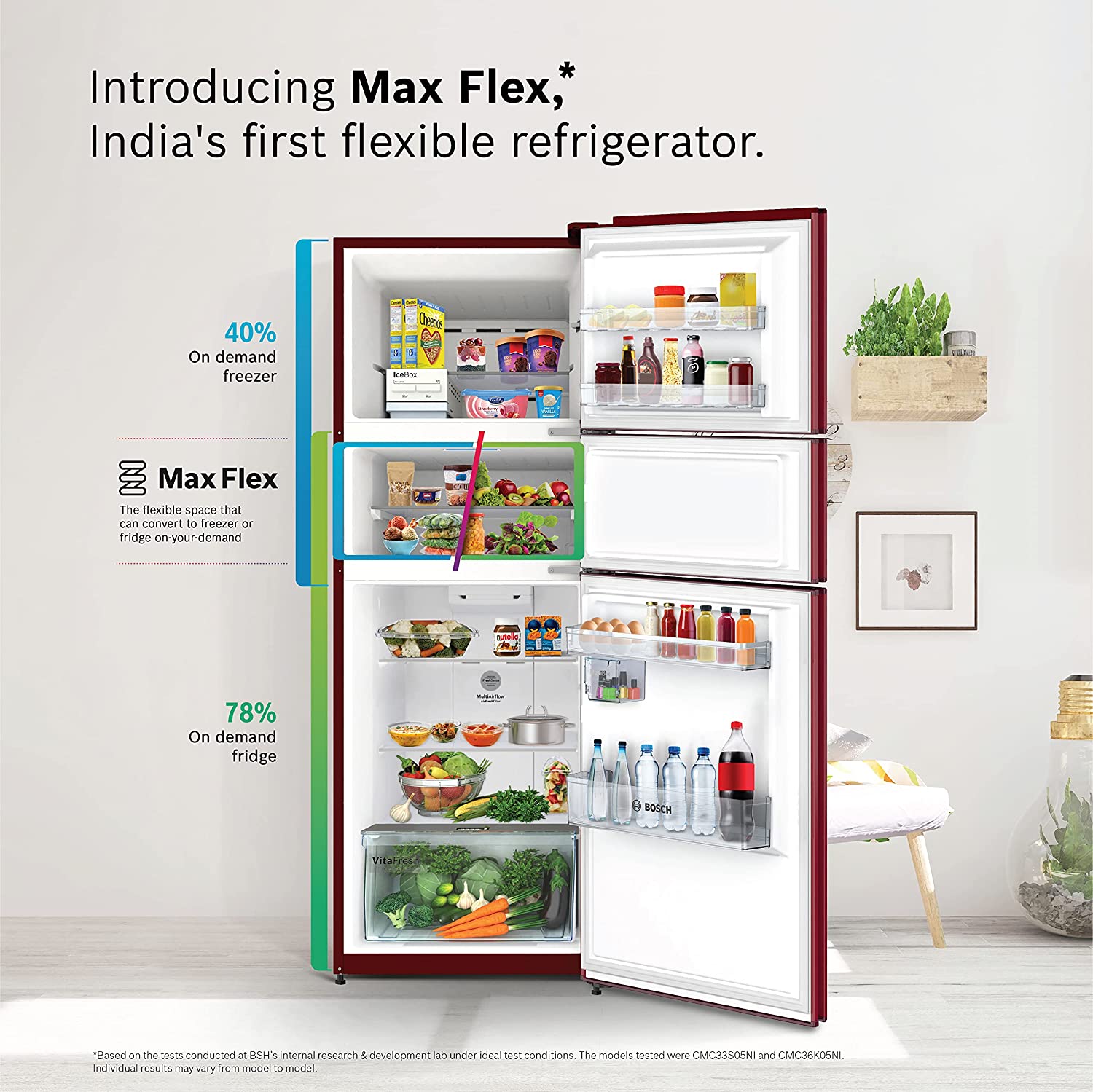 Bosch Max Flex Convert 332L Inverter Frost Free Freezer-On-Top Triple Door Refrigerator (CMC33WT5NI,Convertible,CAndy Red)